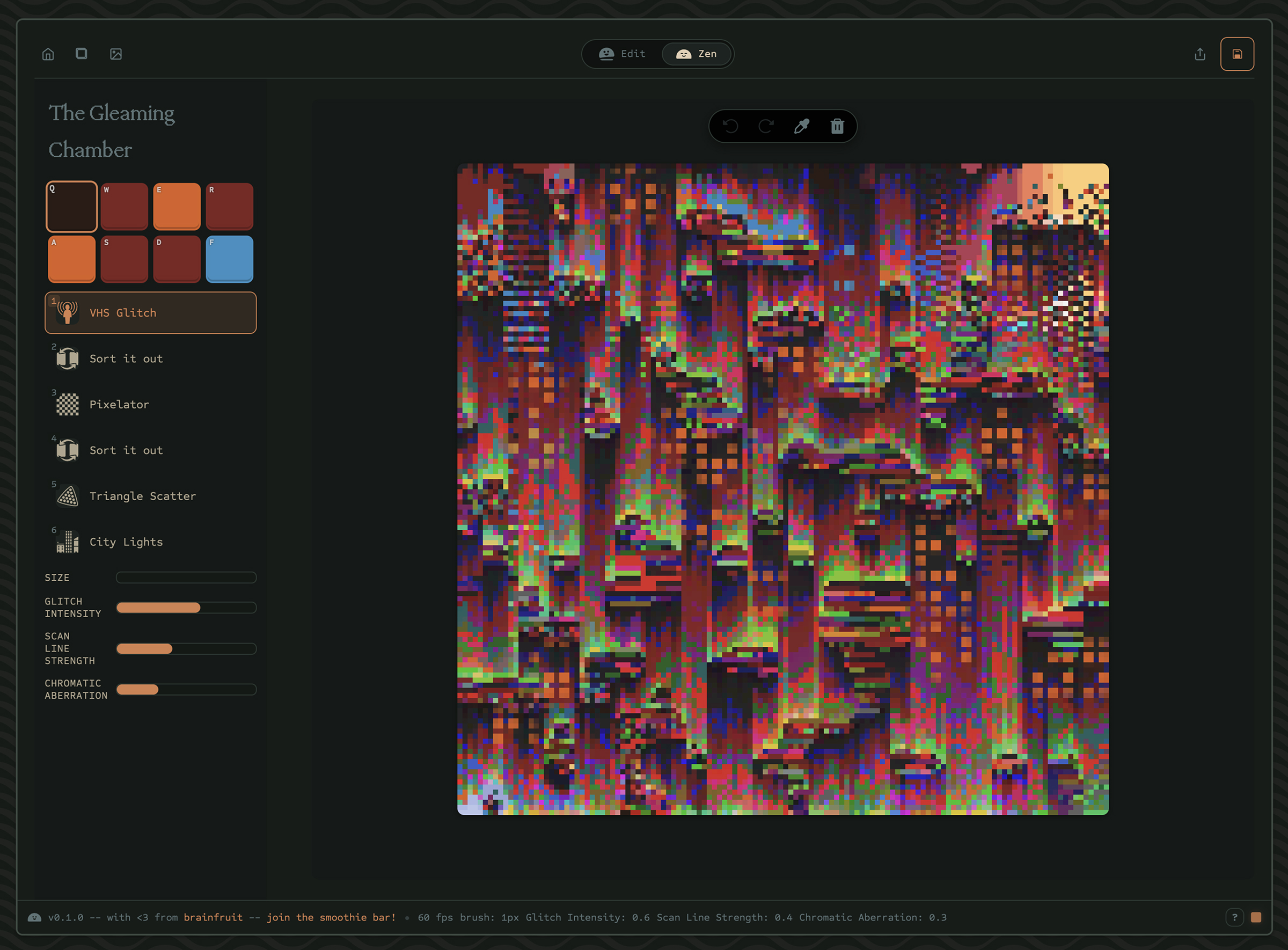MOSS editor — pixel canvas with brush sidebar and code editor